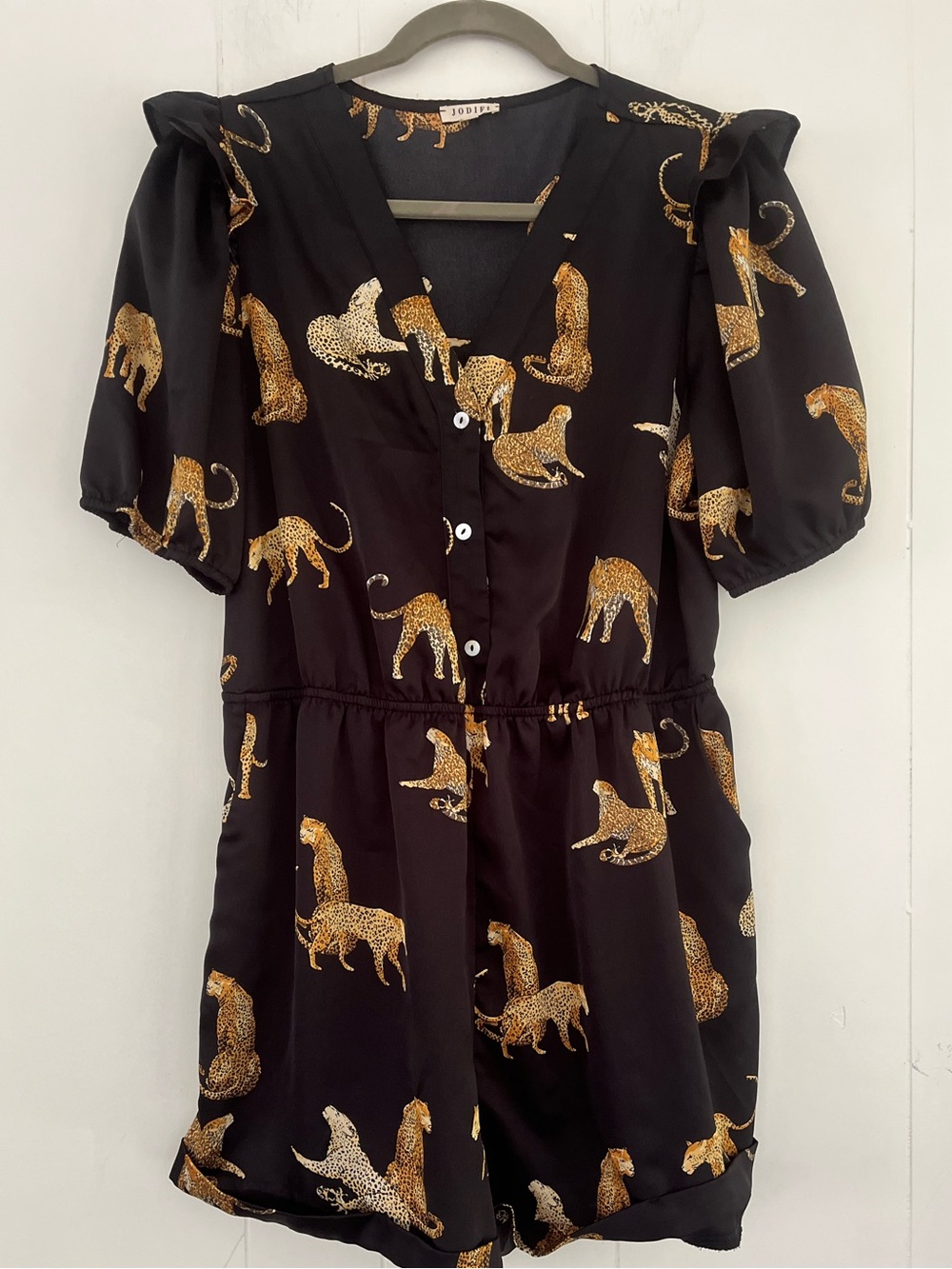 Jodifl Walking On The Wild Side Leopard Print Satin Romper size Large